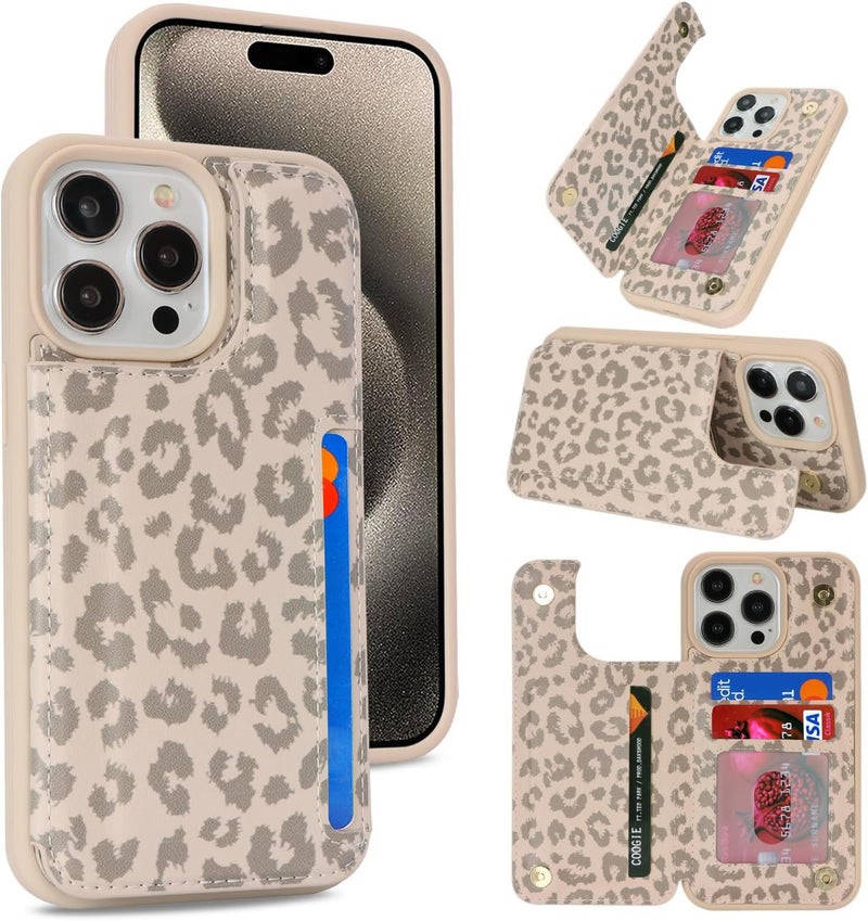 iCoverCase Compatible with iPhone 15 Pro Max Wallet Phone Case with Card Holder for Women Men, [RFID Blocking] Card Slots PU Leather Protective Wallet Case 6.7 Inch (Beige Leopard) - Image 1